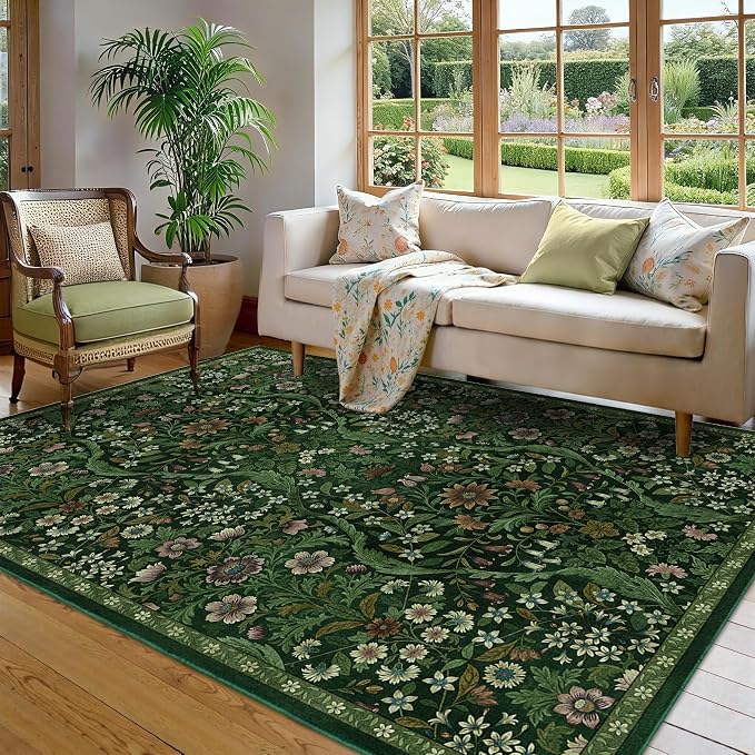 5×7 Dark Green Washable Floral Area Rug,Vintage Boho Soft Low-Pile Living Room Rugs, Stain Resistant Botanical Non-Slip Carpet for Bedroom,Dining Room, Kids Nursery,Home Decor