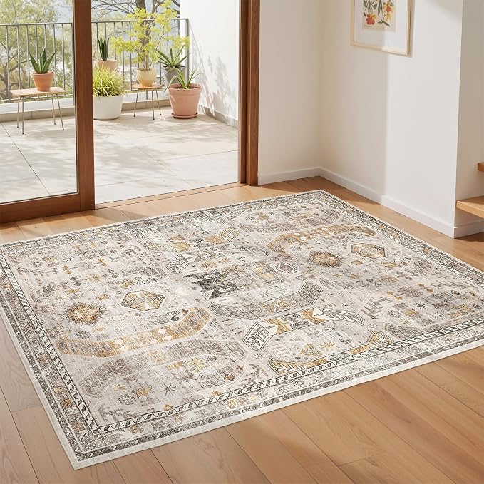 befbee 3x5 Rug, Ultra-Thin Area Rugs for Living Room,Non-Slip Lightweight Washable Rug for Bedroom,Kitchen,Entryway,Stain Resistant Small Carpet (Brown/Gold, 3'x5')