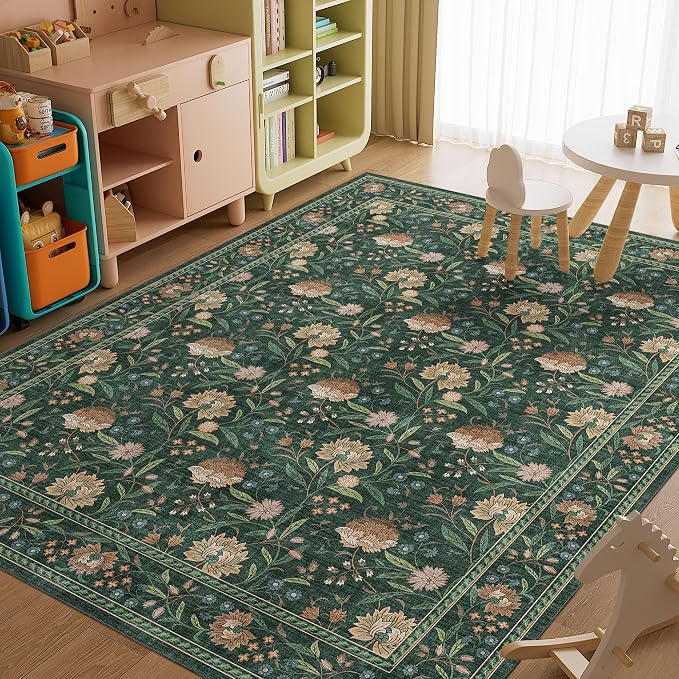 DUKINO 8x10 Area Rug, Vintage Floral Washable Rugs for Living Room, Green | Non Slip, Low Pile, Non-Shedding, Stain Resistant Boho Soft Indoor Large Carpet for Bedroom Dining Room Farmhouse, Home Decor