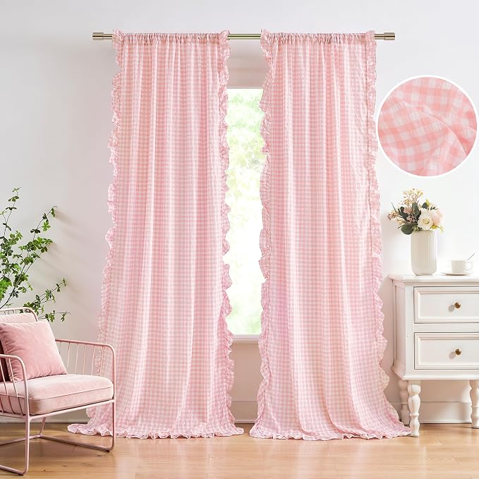 ZJDECOR Blush Pink Crinkle Buffalo Plaid Window Curtains 72 Inches Length | Not-See-Through Sheer Ruffle Panels for Girls Room,Farmhouse Bedroom Living Room Window Treatment,Rod Pocket,40"Wx72"Lx2