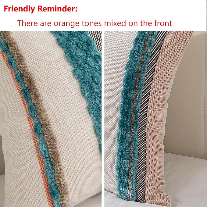 Boho Pillow Covers 18x18 Set of 2 for Couch-Modern Farmhouse Sofa Decorative Teal Throw Pillow Covers Textured Chenille Cushion Covers Outdoor Netural Bohemian Pillow Cases Square