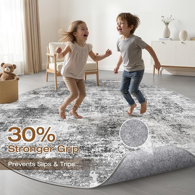 7ft Round Rug Living Room: 7x7 Washable Large Neutral Circle Area Rug Abstract Soft Modern Stain Resistant Indoor Floor Non-Slip Carpet for Bedroom Nursery Kids Office Playroom Dining Room- Black Gray