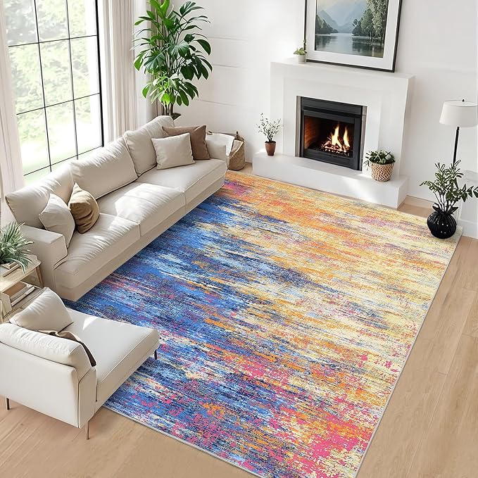 ROYHOME Washable Rug 5x7 Abstract Area Rug for Living Room, Non Slip Foldable Soft Rugs for Bedroom, Stain Resistant Rugs Modern Fuzzy Rug, Indoor Floor Carpet for Entryway Home, Blue/Orange