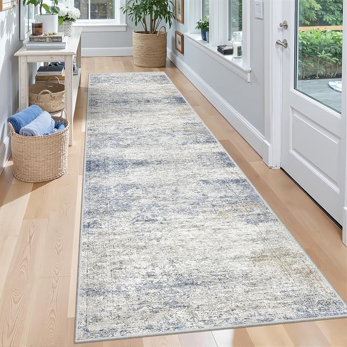 2x8 Runner Rug Non Slip,Washable Hallway Runner Rug,Blue | Neutral Rugs for Kitchen,Entryway,Bedroom,Bathroom,Nursery Room,Thin,Soft Runner Rug,Stain Resistant Indoor Carpet