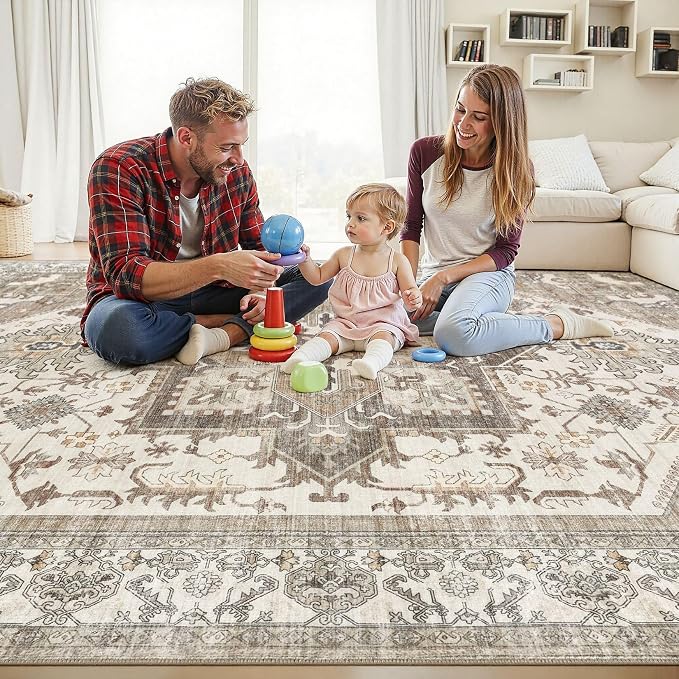 8x10 Area Rug for Living Room- Machine Washable Soft Oriental Vintage Large Indoor Floor Carpet for Bedroom Under Dining Table Home Office Decor - Beige Brown