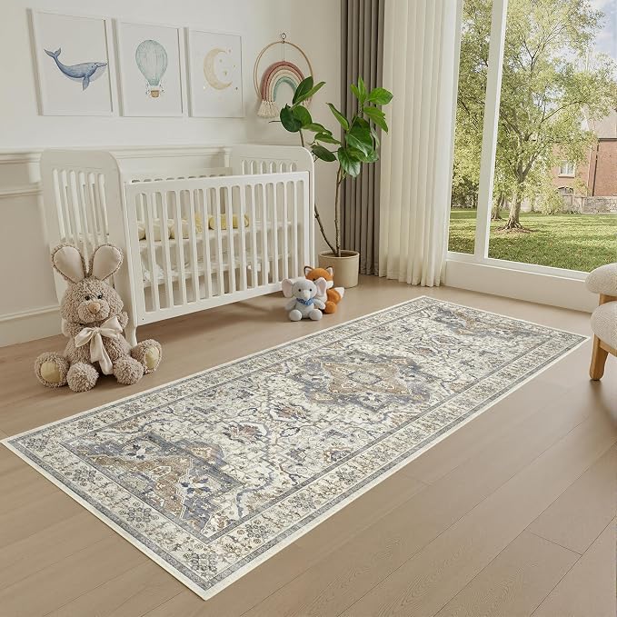 2x6 Washable Kitchen Runner Rug, Non Slip Vintage Runner Rugs for Hallway, Ultra-Thin Low Pile Distressed Kitchen Rugs Non Skid, Machine Washable Laundry Entryway Indoor Carpet,Beige/Blue