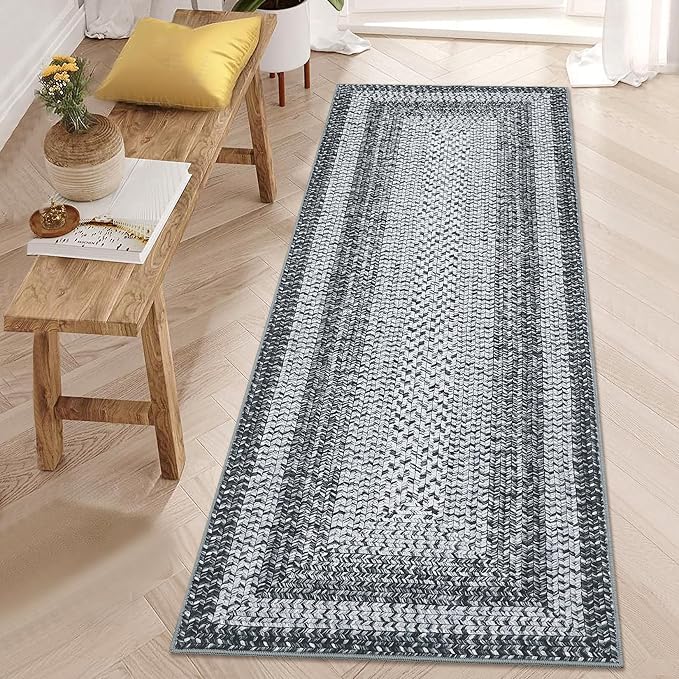 RUGSREAL 2x6 Runner Rug Braided Print Hallway Runner Rug Boho Rug Machine Washable Throw Floor Cover Non Slip Moroccan Carpet for Kitchen Farmhouse Rustic Runner for Living Room Bedroom, Grey