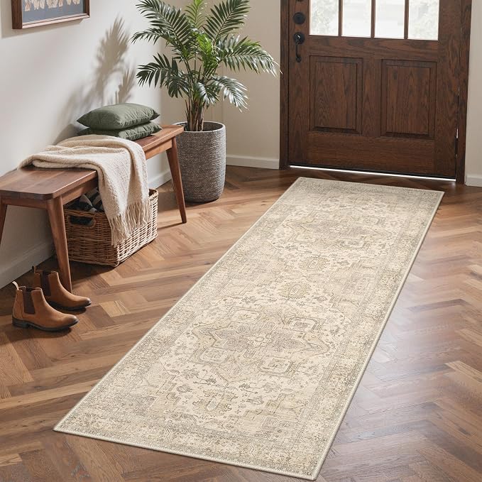 GENIMO 2x5 Washable Runner Rug Non Slip for Hallway, Beige Ivory | Vintage Floral Kitchen Runner, Stain Resistant, Low Pile and Lightweight for Entryway, Bedroom, Bathroom and Laundry Room