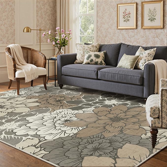 GENIMO 6x9 Outdoor Rug, Washable for Patio and Deck, Coffee Beige | Floral design for dining area; fade resistant chenille with quick-dry non-slip backing for indoor sunroom