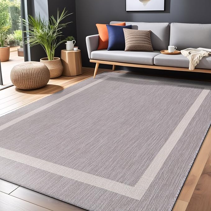 Luul Home Bordered Outdoor Rug 6x9 Washable Outside Carpet for Indoor Patio Porch Waterproof Easy Cleaning Non Shedding Area Rugs Gray 6 x 9
