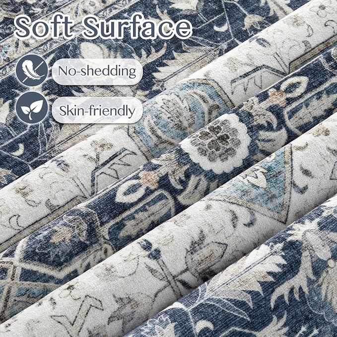 Tortania Area Rug Living Room Rugs - 10x14 Washable Boho Rug Vintage Oriental Distressed Farmhouse Large Thin Indoor Carpet for Living Room Bedroom Under Dining Table Home Office - Indigo