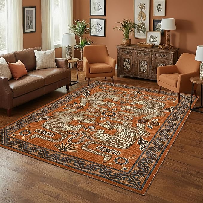 GarveeHome Tiger Print 6x9 Area Rugs, Boho Terracotta Washable Rugs for Living Room, Vintage Tribal Soft Animal Throw Rug Non Slip Ultra Thin Stain Resistant Floor Carpet for Bedroom Dining Room