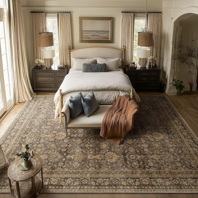 Boho Washable 8x10 Area Rugs for Living Room, Cushioned, Deep Brown | Vintage Non-slip Neutral Oriental Rugs for Bedroom Dining Room Nursery Office High Traffic Area
