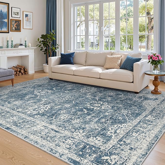 Madane Washable 6x9 Area Rugs for Living Room, Vintage Rug with Non-Slip Backing, Soft Stain Resistant Throw Rugs Thin Carpet for Bedroom Dining Room Farmhouse (6 x 9, Blue)