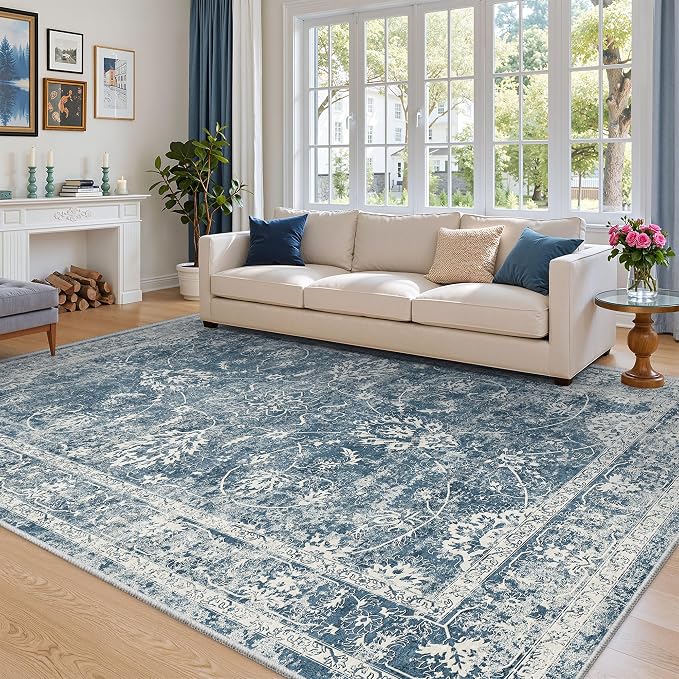 Madane 8x10 Area Rugs for Living Room, Machine Washable Vintage Rug with Non-Slip Backing, Soft Floral Print Large Throw Rugs, Thin Carpet for Bedroom Dining Room Farmhouse (8 x 10, Blue)