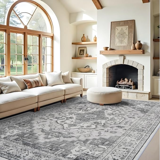 Living Room 9x12 Area Rugs - Large Boho Rugs for Bedroom Stain Resistant Carpet Vintage Tribal Rugs for Kitchen Bathroom with Non Slip Backing Home Decor Floor Decoration Mat 9x12 Grey/White