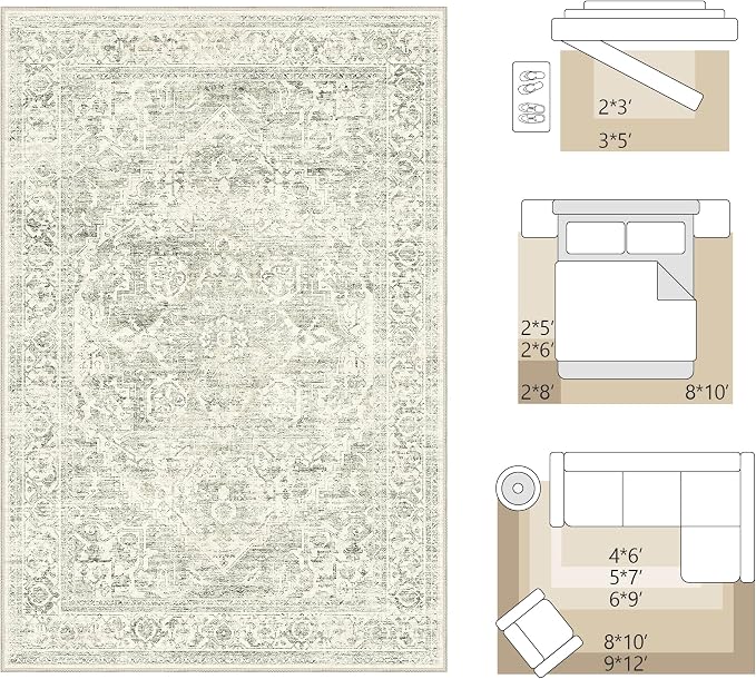 FMFUNCTEX 5x7 Washable Area Rug Neutral Green Distressed Vintage Non Slip Low Pile Traditional Indoor Carpet for Living Room Bedroom Soft Retro Mat Throw Rug for Dining Office Kitchen Dorm Entryway
