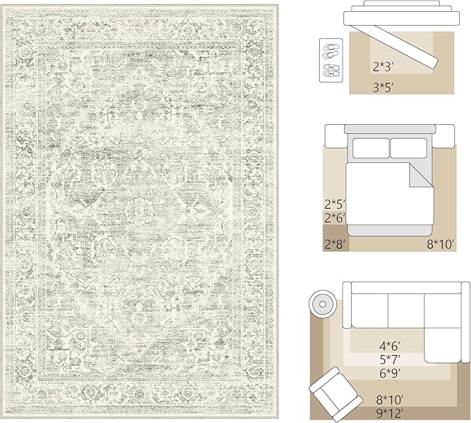 FMFUNCTEX 6x9 Washable Area Rug Green Neutral Distressed Oriental Vintage Large Non Slip Carpet for Living Room Bedroom Soft Low Pile Indoor Mat Retro Throw Rug for Dining Room Kitchen Office Nursery