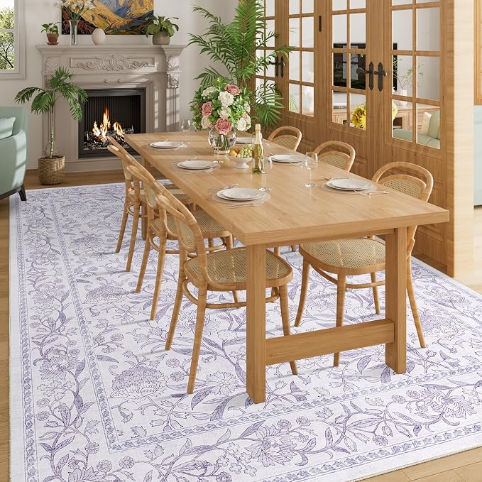 DUKINO 9x12 Area Rug for Living Room, Vintage Floral Washable Rug, Purple | Non Slip, Low Pile, Non-Shedding, Stain Resistant, Aesthetic Soft Indoor Large Carpet for Bedroom Dining Room Farmhouse