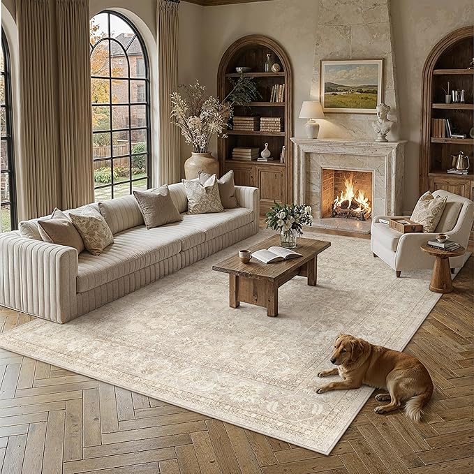 PureCozy 6x9 Beige Living Room Area Rug Vintage Washable Non Slip Indoor Carpet Distressed Low Pile Soft Retro Accent Throw Large Rug for Bedroom Dining Room Office