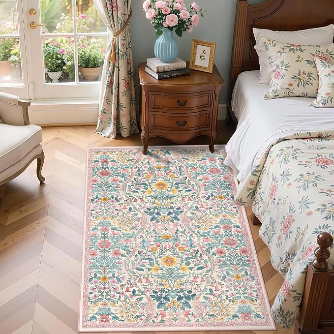 4x6 Pink Floral Boho Area Rug,Low-Pile Stain Resistant Non-Slip Machine Washable Carpet for Living Room,Bedroom, Kitchen,Entryway,Dining Room, Nursery