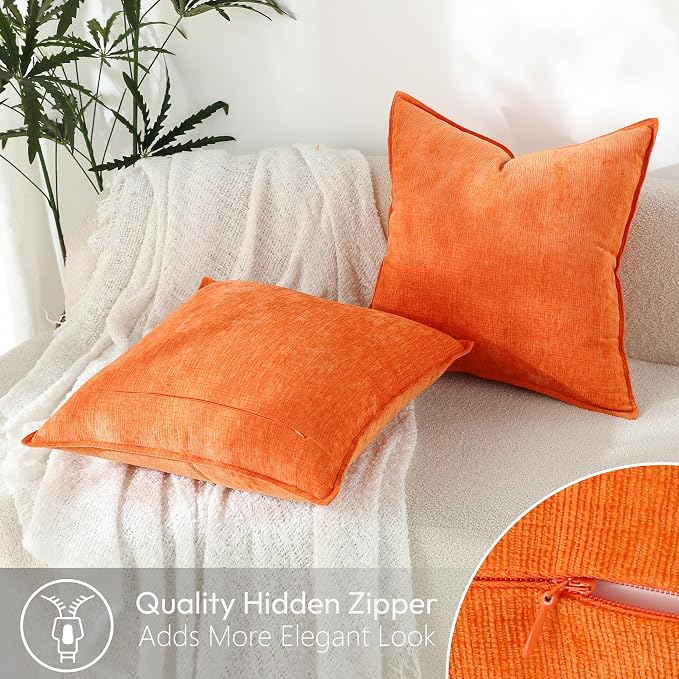 Stellhome Pack of 2, Soft Chenille Soild Throw Pillow Covers Accent Cushion Case Boho Farmhouse Neutral Decorative Pillowcase for Couch Sofa Bedroom Living Room Home Decor 16 x 16 Inch, Orange