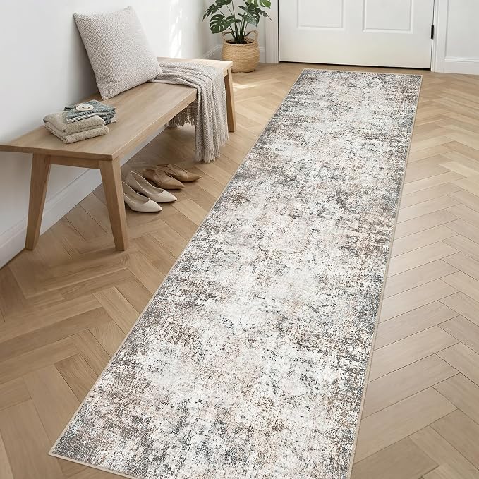 2.6'x14' Runner Rug Washable Rug: Modern Abstract Soft Thin Runner Rug Brown Grey