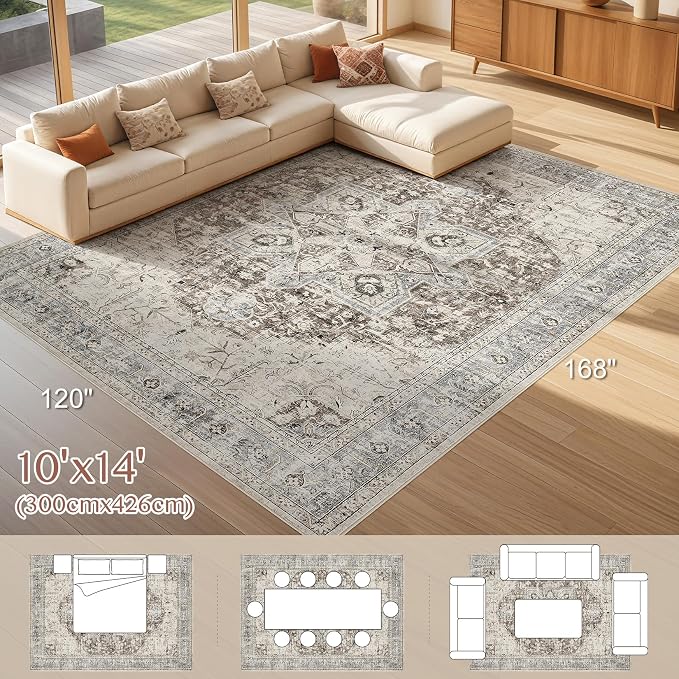Tortania Area Rug Living Room Rugs - 10x14 Washable Boho Rug Vintage Oriental Distressed Farmhouse Large Thin Indoor Carpet for Living Room Bedroom Under Dining Table Home Office - Brown Blue