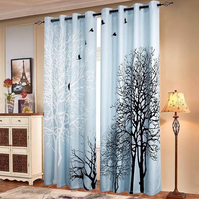 SUBRTEX Boho Leaf Printed Curtains 63 inch Long 2 Panels, Room Darkening Vibrant Floral Drapes, 50% Blackout Light Flitering Semi Sheer Farmhouse Curtains for Living Room, 52Wx63L, Light Blue Leaf