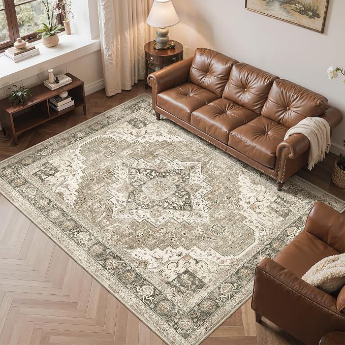 Roxstand 6x9 Washable Area Rug, Non Slip Living Room Rug Brown/Beige | Low Pile Vintage Rug, Stain Resistant, Non-Shedding Design, Pet & Kid Friendly, Carpet for Bedroom, Dining Room Office
