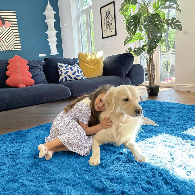 OLANLY Area Rugs for Living Room Bedroom, Machine Washable 4x5.9 ft Soft Fluffy Shaggy Bedside Rug, Indoor Floor Carpet for Kids Girls and Boys, Dorms, Nursery Rooms, Home Decor Aesthetic, Bright Blue