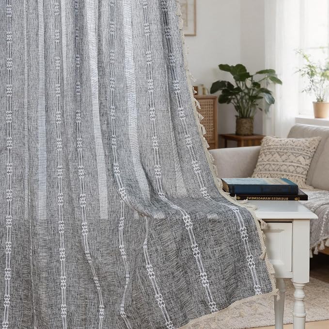 ColorBird Boho Curtains Linen-Textured for Bedroom Living Room Light Filtering 84 Inches Grey Farmhouse Curtains & Drapes Embroidered Striped for Closet Dining Dooraway Window Treatment