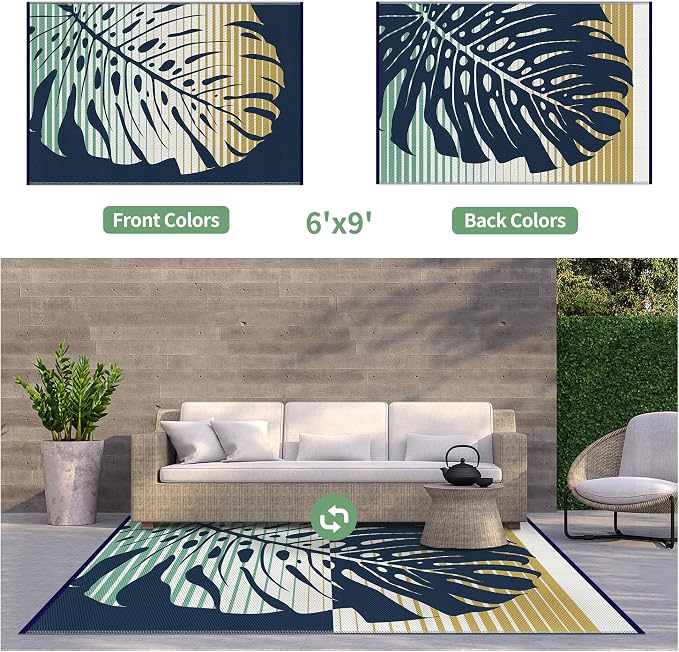 GENIMO Outdoor Rug, Waterproof Plastic Rugs for Patio, 6'x9' Yellow Blue | Outside Larger Leaf Carpet Mat for Porch Decor, Deck, Balcony, Camping, RV, Backyard, Picnic, Beach, Reversible, Foldable
