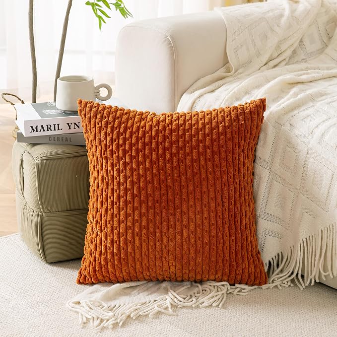 Set of 4 Burnt Orange Decorative Throw Pillow Covers 22x22 Inch Corduroy Pillow Covers for Bed Couch Sofa Living Room Soft Square Cushion Cases