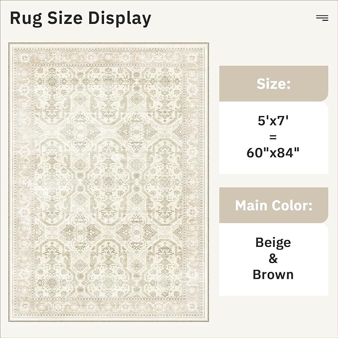 Soalmost Area Rugs 5x7, Washable Rug, Stain Resistant 5x7 Area Rugs for Living Room Bedroom Dining Room, Vintage Gray Farmhouse Rug Beige