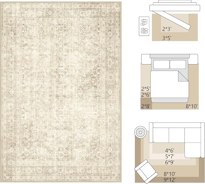 FMFUNCTEX 5x7 Washable Area Rug Beige Neutral Vintage Distressed Oriental Large Non Slip Carpet for Living Room Bedroom Traditional Retro Soft Low Pile Indoor Rugs for Dining Room Office Nursery