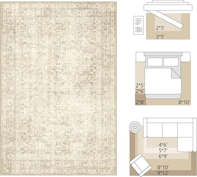 Fmfunctex 4x6 Washable Area Rug Beige Neutral Vintage Distressed Oriental Non Slip Low Pile Traditional Indoor Carpet for Living Room Bedroom Soft Retro Mat Rug for Dining Office Kitchen Dorm Entryway