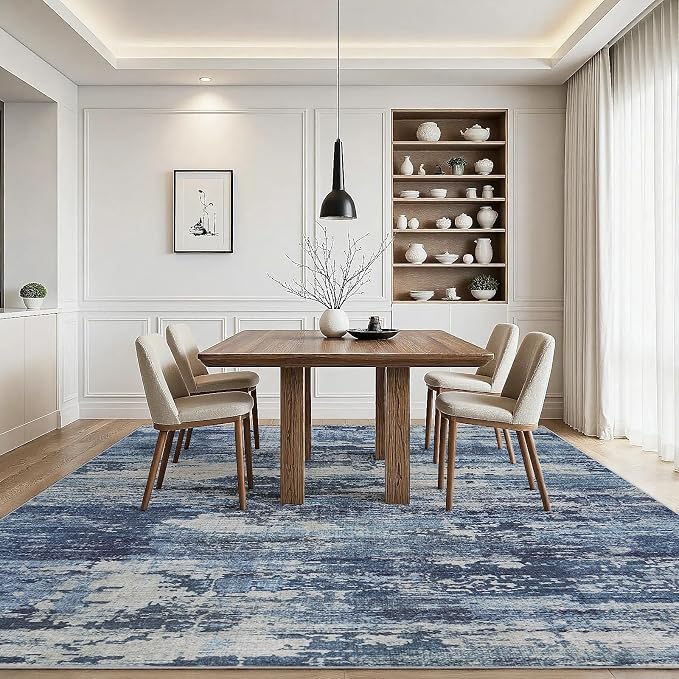 10x14 Area Rugs Living Room Rug Modern Abstract Neutral Washable Rugs Non Slip Soft Carpet Large Area Rug Low Pile Stain Resistant Non Shedding for Bedroom Nursery Dining Room Home Office Navy Blue