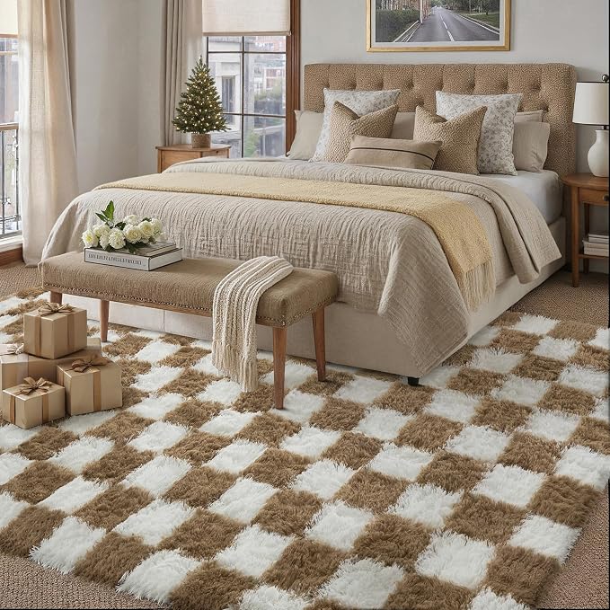 PureCozy 5x7 Area Rugs for Living Room Brown Soft Shag Checkered Large Rug Modern Washable Indoor Office Fuzzy Carpet Non-Slip Fluffy Rugs for Bedroom Nursery Dorm Playroom Home Aesthetic Decor