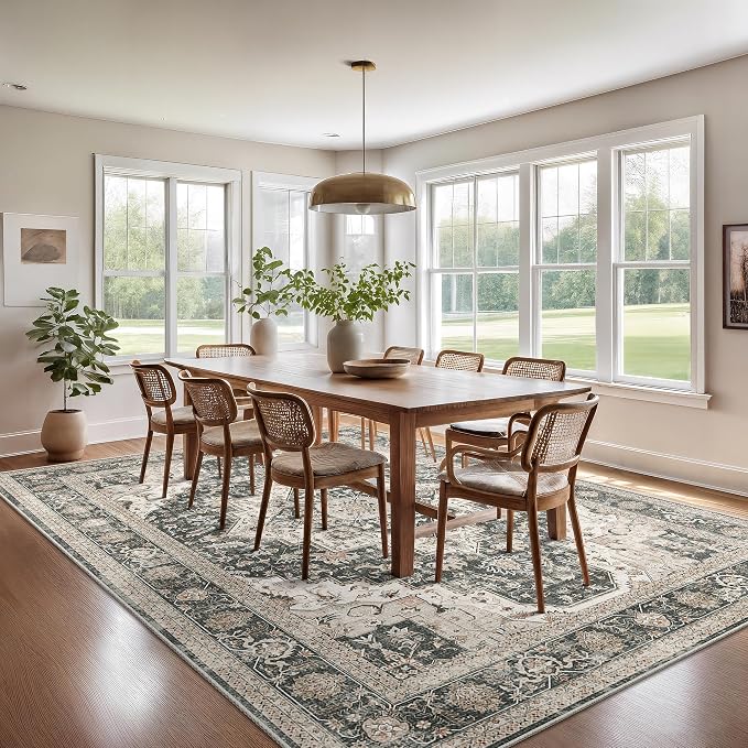Roxstand 8x10 Washable Area Rugs, Vintage Living Room Rug, Black/Beige | Low Pile with Non-Slip Backing, Stain Resistant, Pet and Kid Friendly, Carpet for Bedroom, Dining Room