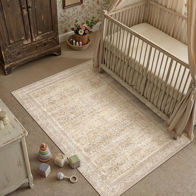 4x6 Beige Neutral Retro Area Rug | Washable, Low Pile, Floral, Soft, Non Slip, Carpet for Living Room Bedroom Dining Room Nursery Office Indoor Home Decor