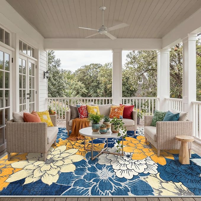 GENIMO 10x14 Outdoor Rug, Washable Quick Dry for Patio, Blue | Floral design for gazebo; lightweight chenille with quick-dry non-slip backing for indoor living spaces