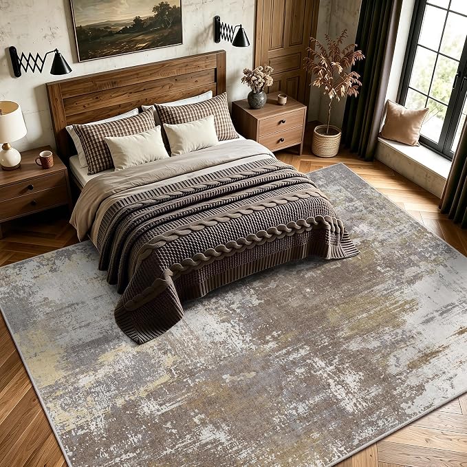 8x10 Rugs for Living Room - Modern Abstract Washable Rug, Ultra Soft Non Slip Low Pile Large Rugs, Floor Carpet for Bedroom Dining Room Office Laundry Nursery Home（Taupe）