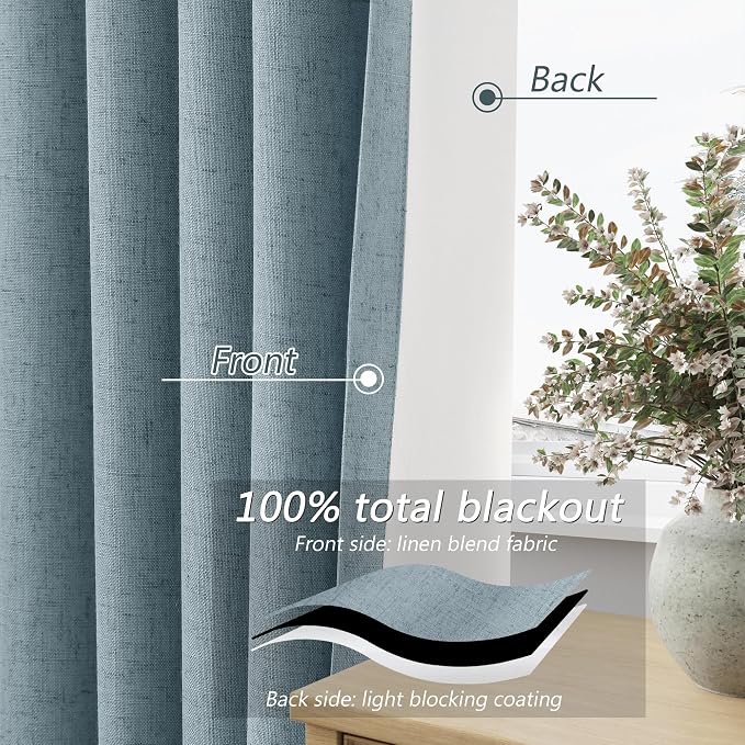 Blue 100% Blackout Linen Curtains 95 Inch Length 2 Panels Set for Living Room Bedroom Back Tab Thermal Insulated Black Out Drapes Room Darkening Farmhouse Style for Bedroom Window Curtains 52x95