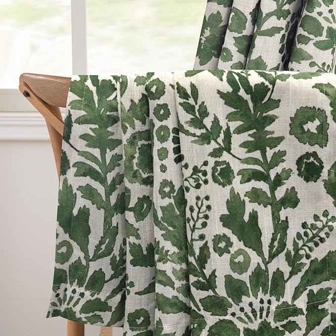 DriftAway Julia 100% Blackout Curtains Grommet 2 Panels, W52xL84, Green | Floral Curtains, Bedroom, Living Room, Linen Blend, Watercolor Pattern, 2 Layers, Thermal Insulated, Window Treatment