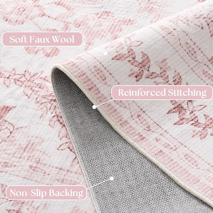 TWODRAPES Pink and White Boho Living Room Rug 8x10 Area Rug for Bedroom Girls Women Floral Leaf Farmhouse Distressed Soft Carpet Washable Low Pile Non Slip Large Blush Pink Nursery 8 by 10 Ft