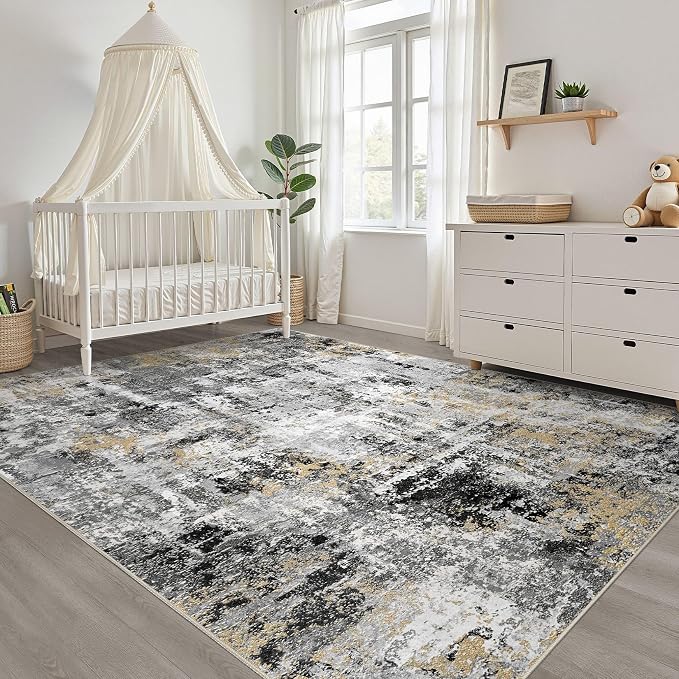 10x14 Area Rugs Living Room: Washable Large Abstract Neutral Modern Soft Rug Stain Resistant Indoor Floor Non-Slip Accent Carpet for Bedroom Nursery Playroom Dining Room Office Dorm Home- Black Gold