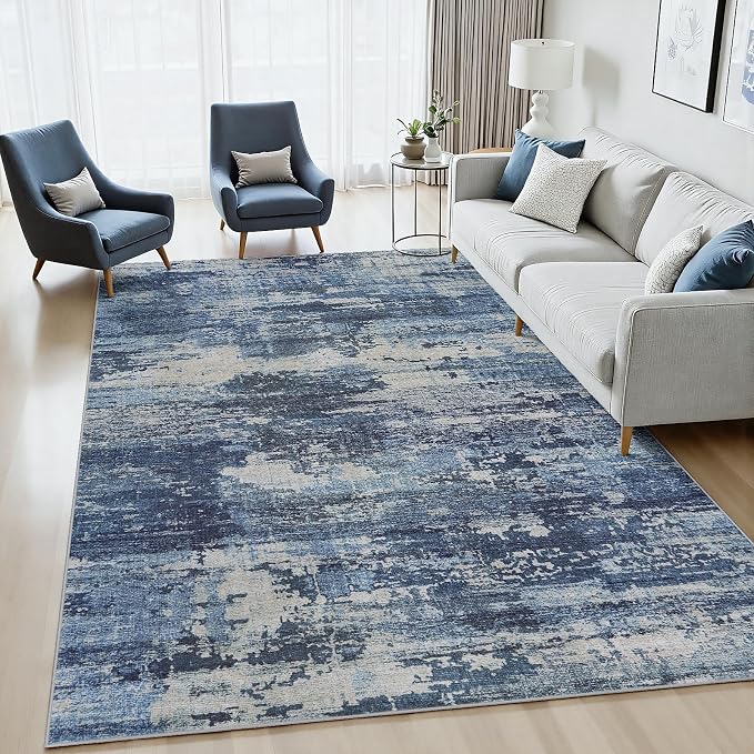 5x8 Area Rugs Living Room Rug Modern Abstract Neutral Washable Rugs Non Slip Soft Carpet Large Area Rug Low Pile Stain Resistant Non Shedding for Bedroom Nursery Dining Room Home Office Navy Blue