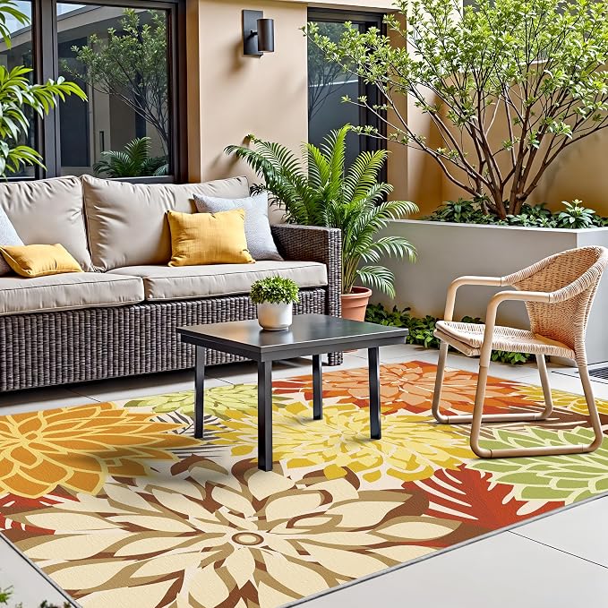 Colorful 4x6 Outdoor Area Rug Washable Rugs Multicolored Patio Rug Tropical Botanical Floral Chenille Outdoor Carpet Non Slip for RV, Pool Deck, Backyard, Porch, Orange
