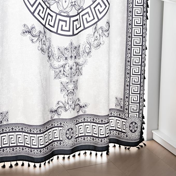 Black Medallion Curtains 63 Inches Long, Boho Farmhouse Light Filtering Rod Pocket Drapes with Tassel Trim for Bedroom Living Room, 2 Panels